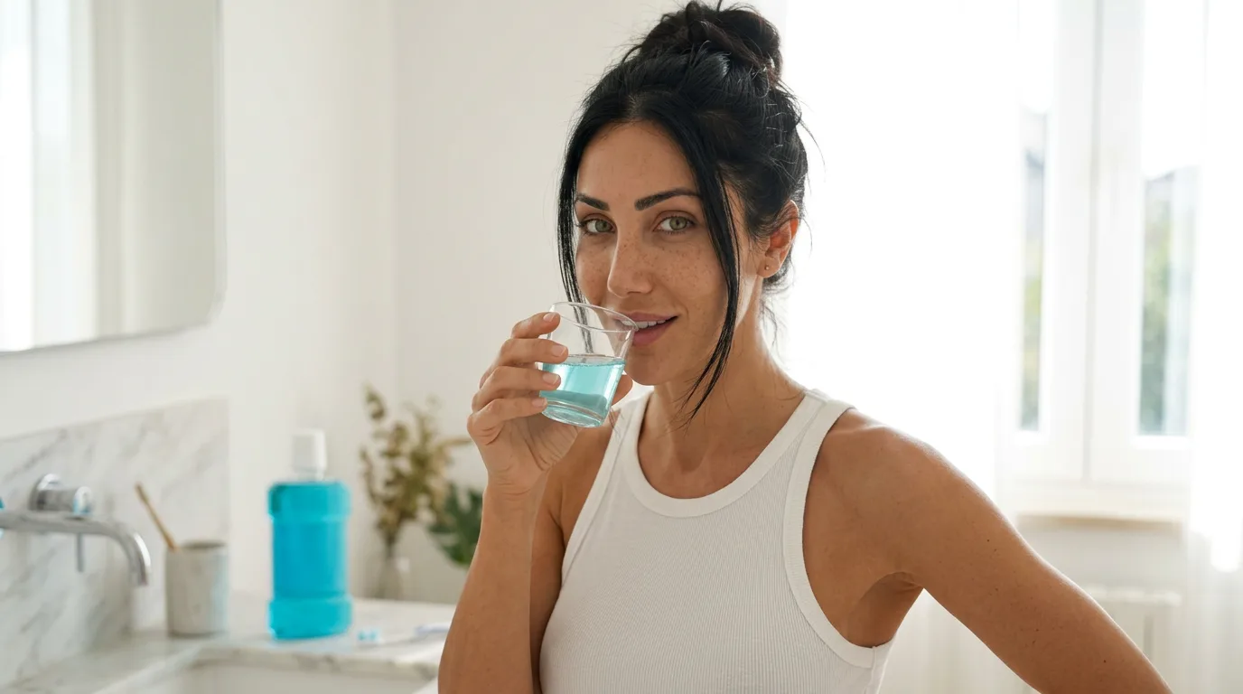 Donna che si sciacqua la bocca con il collutorio in un bagno luminoso